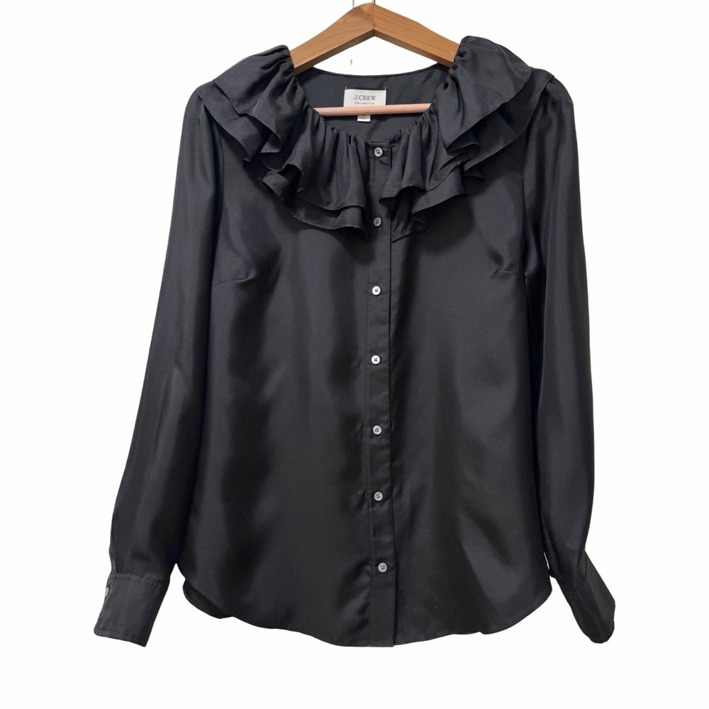 J Crew Collection Womens Silk Twill Ruffle Collar Button Up Blouse Size M Black